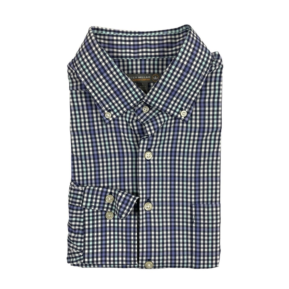 Peter Millar Navy and White Gingham Button-Down Shirt